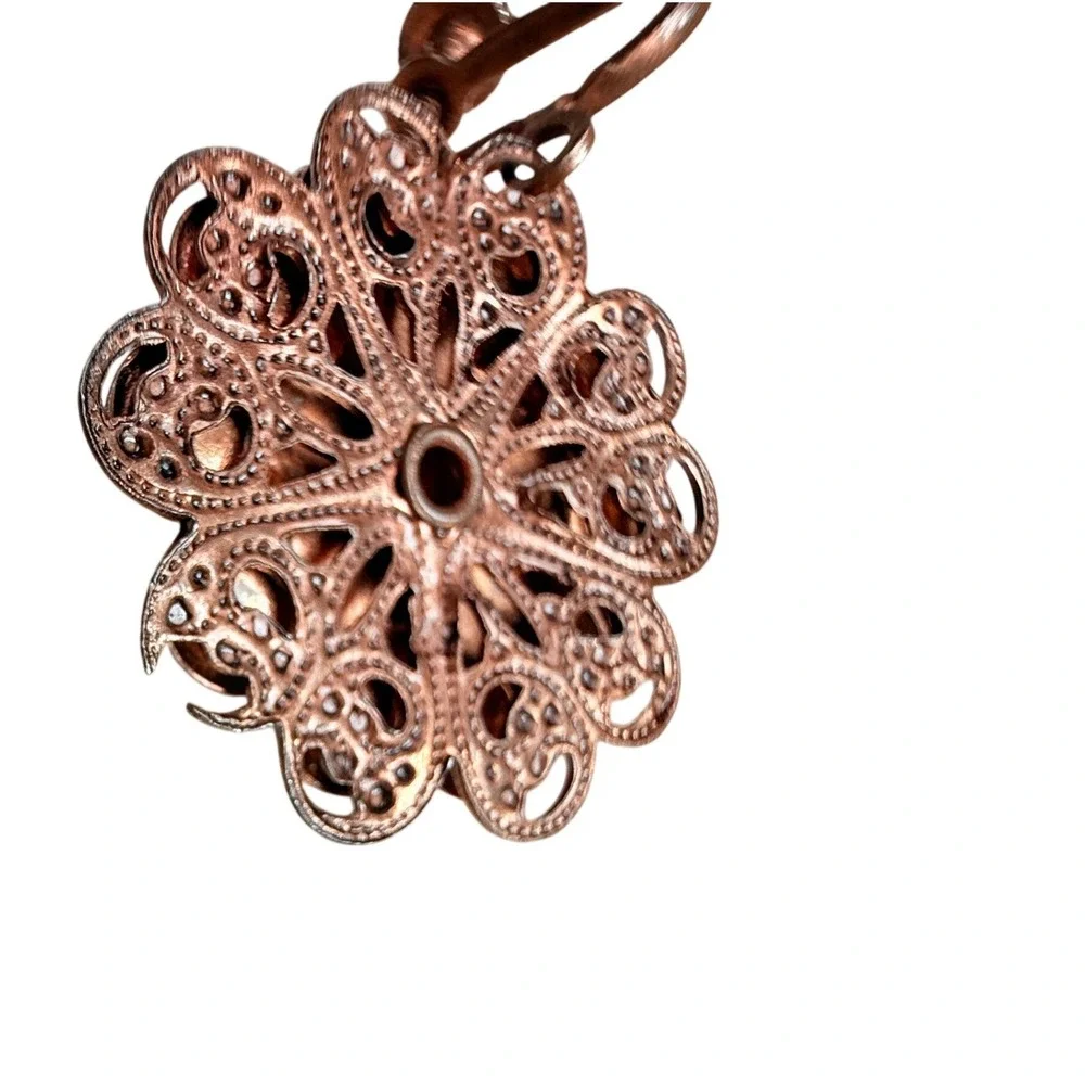 Vintage Copper Filigree Screw Back‎ Earrings Floral White Speckled Cabochon